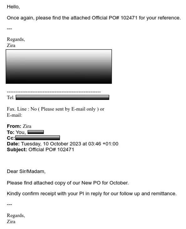 FormBook Phishing Email Example